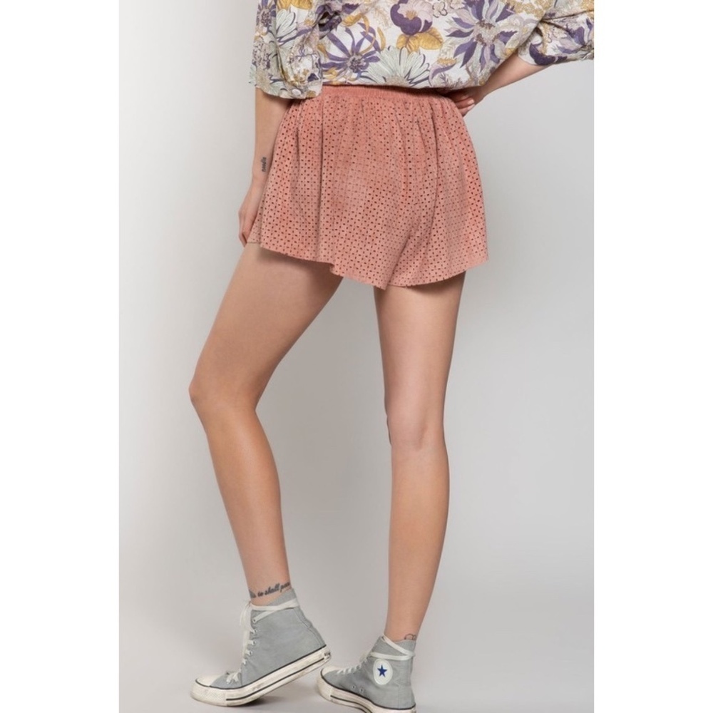 POL Dusty Pink Vegan Suede Smocked Waist Relaxed Fit Shorts - Picture 6 of 11